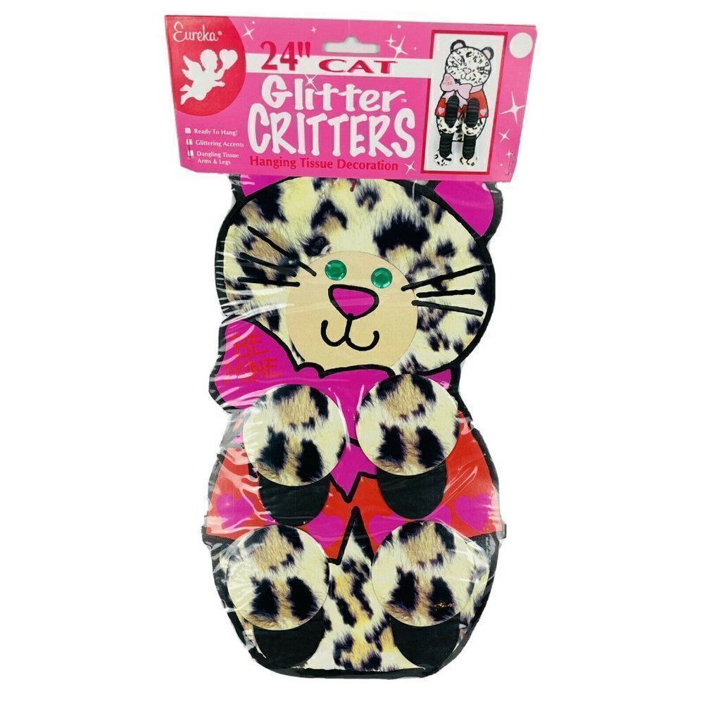 VTG 1995 NOS Eureka Glitter Critters 24" Cat Die Cut Valentine Hanging Tissue